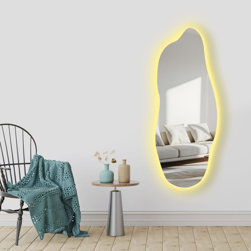 Miroir abstrait à DEL abstrait avec interrupteur marche / arrêt, cadre en EVA noir, épaisseur 20 mm | 20,5 po x 53,1 po | Miroir de 4 mm, alimenté par pile (9 V, pile non incluse) | Éclairage élégant pour une décoration intérieure moderne et un meuble-lavabo