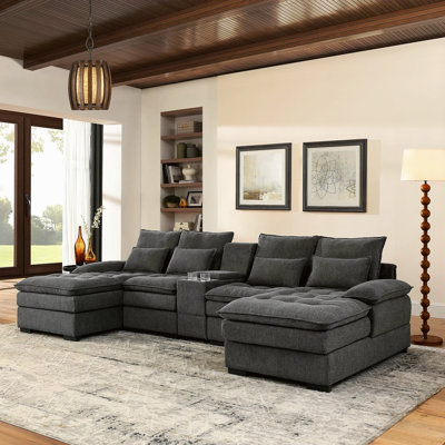 Canapé en forme de U de 130 po avec console, porte-gobelets, mobilier 6 places principal, ensemble de canapé-lit avec méridienne pour salon, appartement
