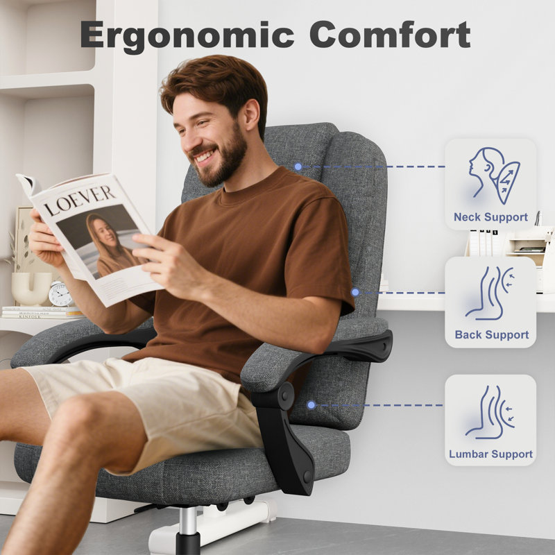 Rebrilliant Executive Chair with Headrest, Linen Blend, Dark Grey