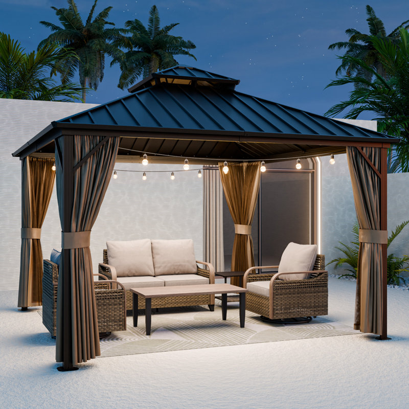 Outdoor Hardtop Gazebo Patio Galvanized Steel Double Roof Aluminum Frame Gazebo, 120" H x 144" W x 144" D