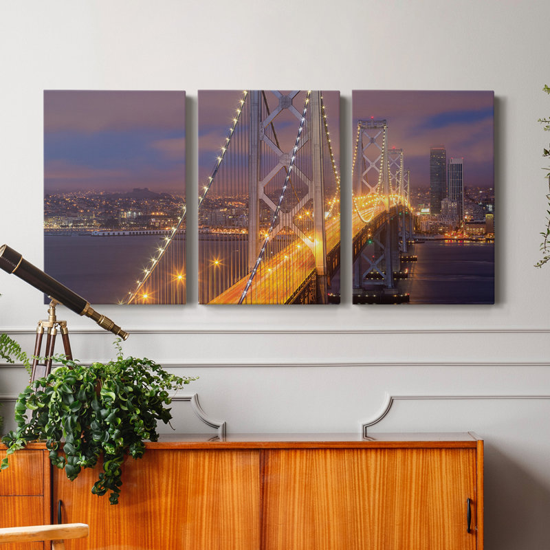 Nighttime On Bay Bridge - Toile tendue avec châssis de qualité supérieure - Prêt à être accroché, H 12 po x l 24 po x P 1 po
