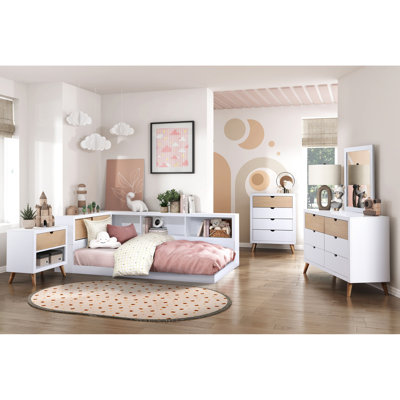 Mobilier de chambre à coucher simple avec tête de lit en bois d'ingénierie - Finition blanche sans sommier tapissier - Placage de pin 2 tons