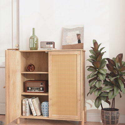 Mid-Century Modern Storage Cabinet with Woven Rattan Doors & Adjustable Shelves - Perfect for Living Room & Dining Room
