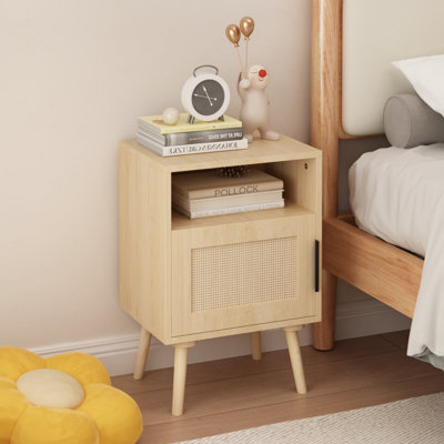 22.83'' H Rattan Nightstand, Side Table with Door Open Shelf, Accent Bedside End Table with Solid Wood Legs for Bedroom, Dorm and Small Spaces, Oak