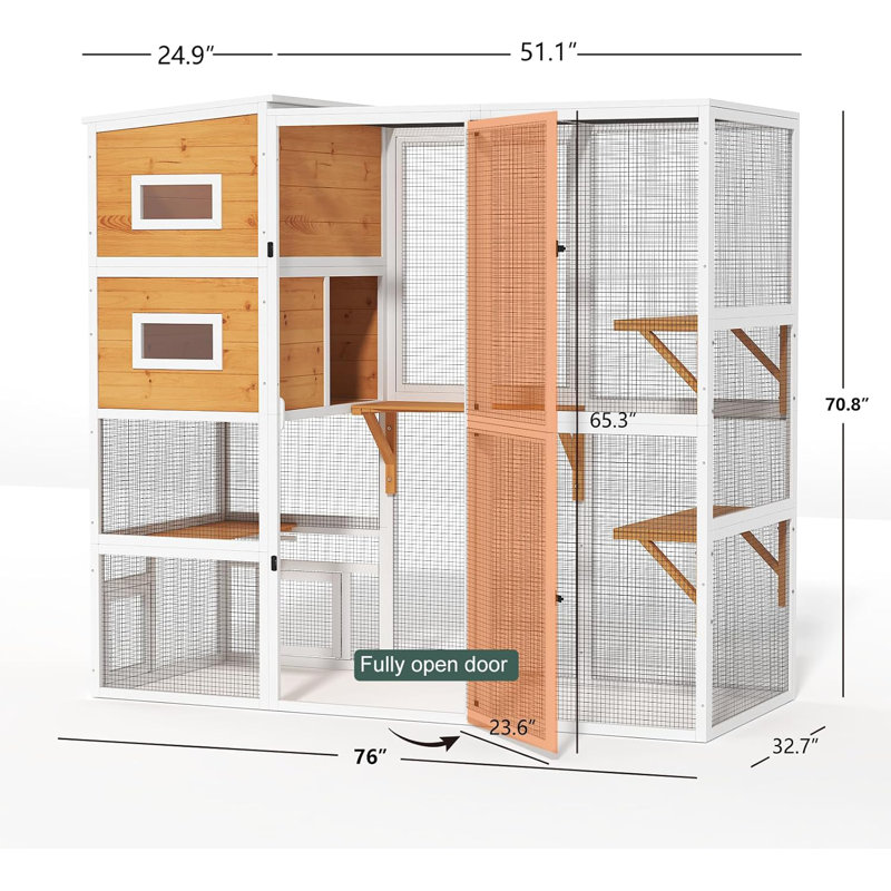 Catio d'extérieur en bois résistant aux intempéries pour plusieurs chats avec boîte de repos et plateforme, Jaune / Blanc