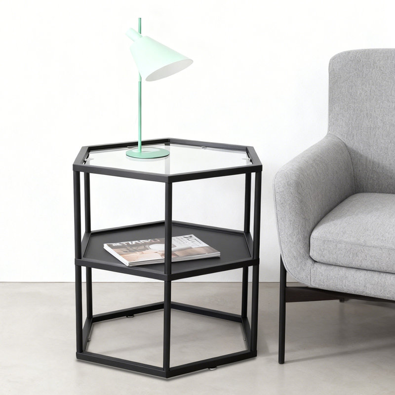 Table de bout hexagonale à 2 niveaux avec table de bout en fer et table d'appoint avec plateau en verre de 24 pouces pour le salon, la chambre et le balcon