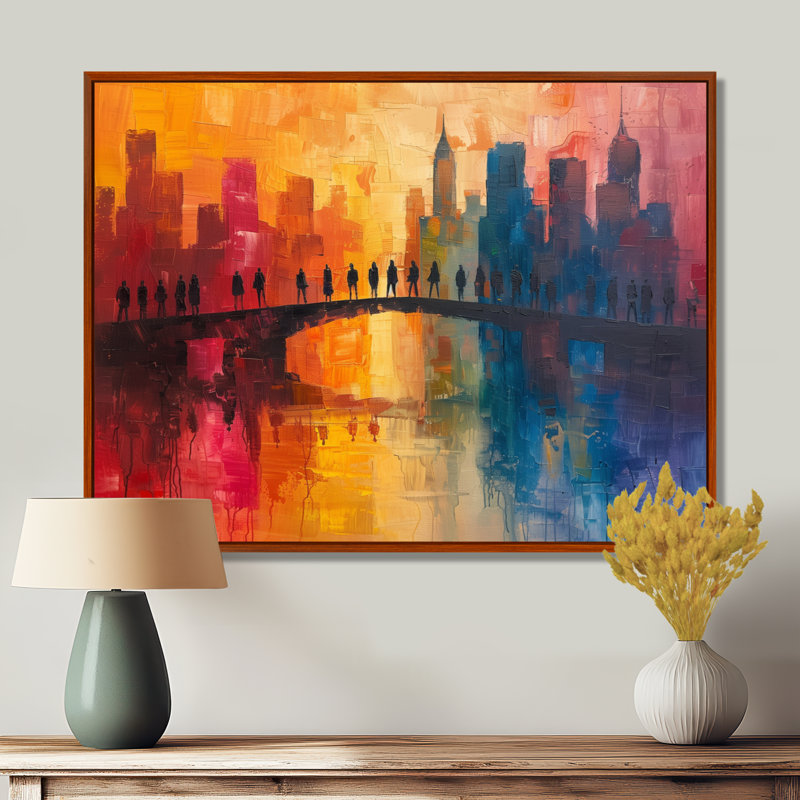 «Red Blue City City Skyscrapers - Bridges», reproduction d'art murale, Toile avec cadre flottant brun