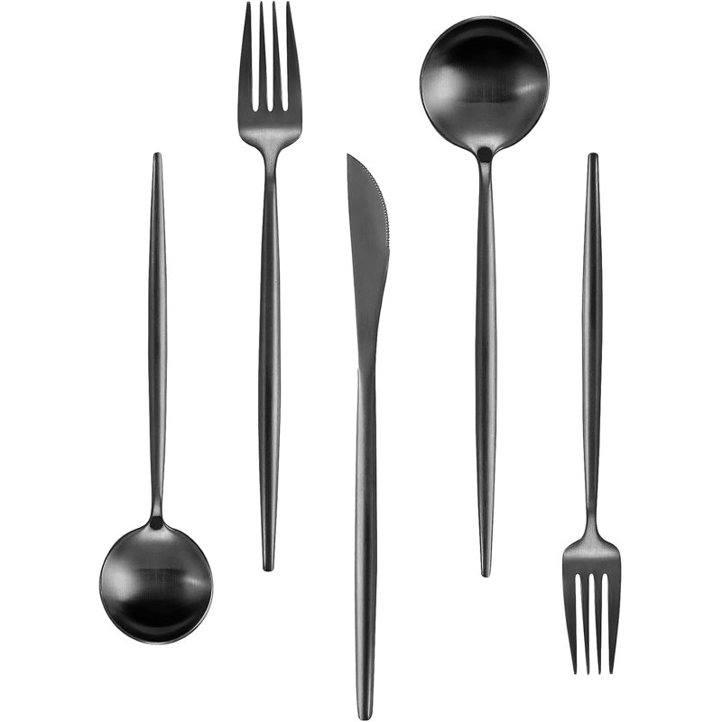 Ensemble de couverts 40 pièces en acier inoxydable noir mat pour 8 personnes - Design moderne épuré, argent satiné