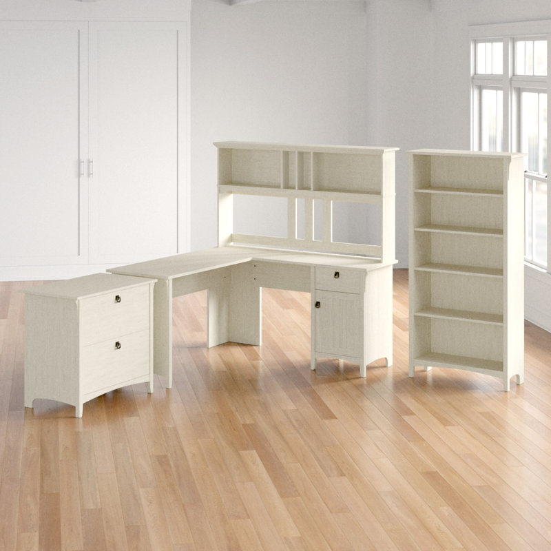 Ozro L-Shape Credenza Desk with Hutch, Antique White