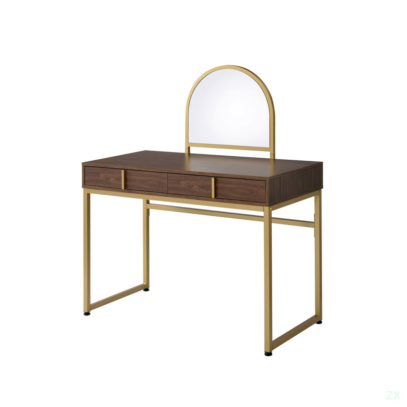 Vanity Desk W/Mirror & Jewelry Tray, Gold/Walnut