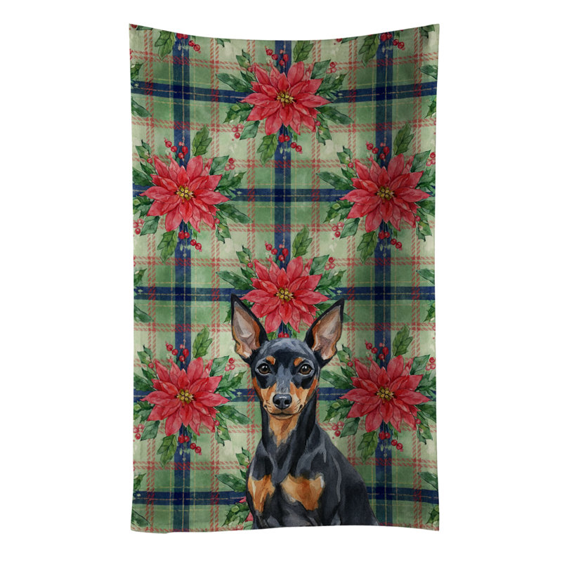Black and Tan Miniature Pinscher Christmas PoinsettIas Kitchen Towel, Black/Tan Miniature Pinscher