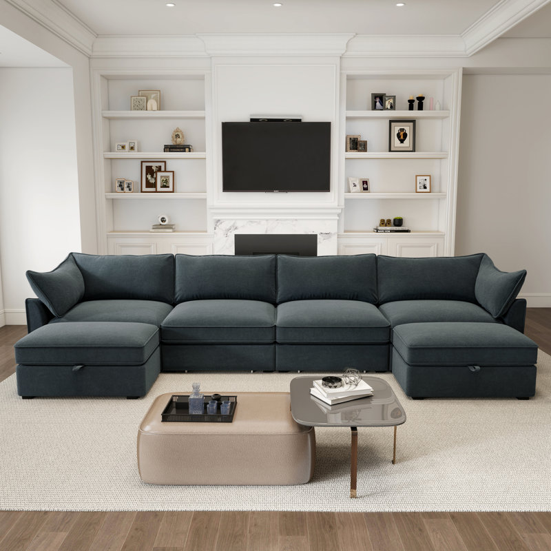 U Shape Deep Seat Sofa Couch With Ottomans,Chenille, Gray, 31.4" H x 146.4" W x 56.6" D, 4