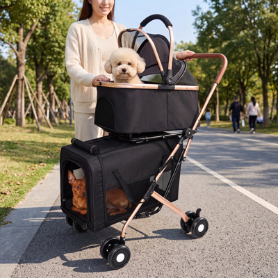 Foldable Pet Stroller 3-In-1 Double Decker Pet Jogger Stroller Detachable Carrier Tote With Shockproof Brake Wheels For Small Medium Dogs Cats