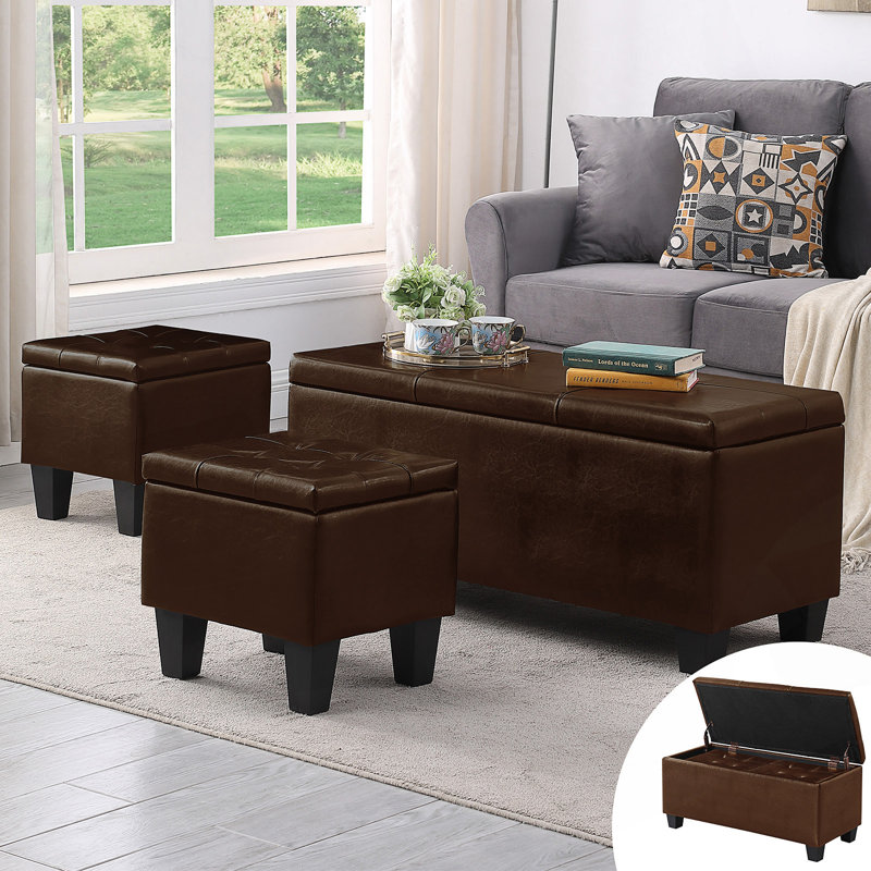 3-In-1 Large Storage Ottoman Bench Set With Tufted Linen Upholstery And Multi-Room Versatility.