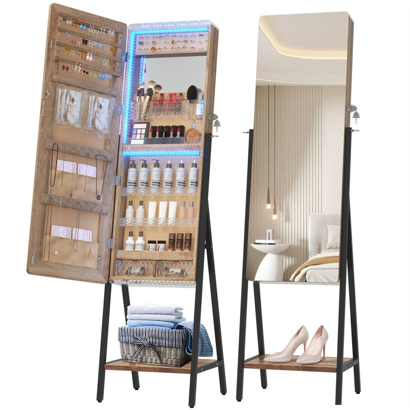 Modern RGB White Wood Jewellery Armoire With Full-Length Mirror - Triple Functionality For Dressing Up, Black