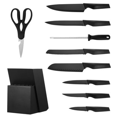 Ensemble de couteaux de cuisine avec bloc et aiguiseur, ensemble de couteaux allemand en acier inoxydable à haute teneur en carbone de 15 pièces, coutellerie de cuisine avec poignée ergonomique en PP, tige d'affûtage et bloc en bois, pour les cuisiniers amateurs