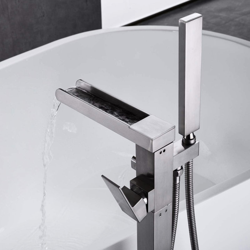 Bathroom Waterfall Tub Filler With Hand Shower In Brushed Nickel - Floor Mount Faucet, Construction Freestanding Modern, Faucet Stainless Steel Hose