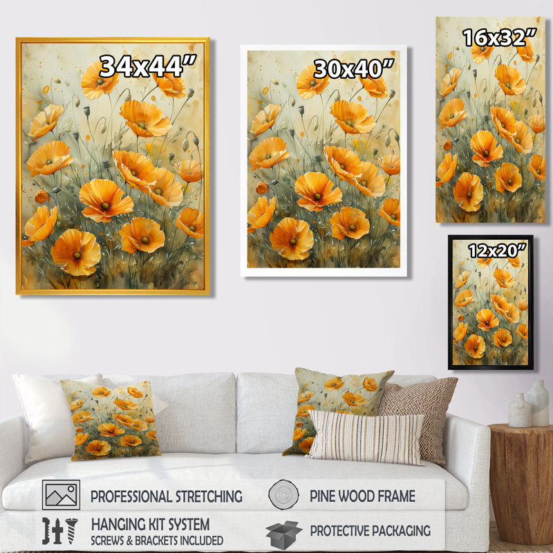 «Yellow Poppies Whispers Of Joy I» - Art mural coquelicots, H 40 po x l 30 po x P 1,5 po, Toile tendue