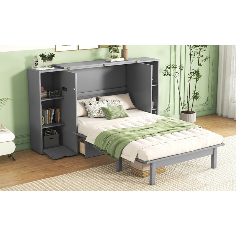 Lit gris avec rangement, tablettes et grands tiroirs - tablettes, tiroirs et économiseur d'espace moderne, Gris, Grand lit