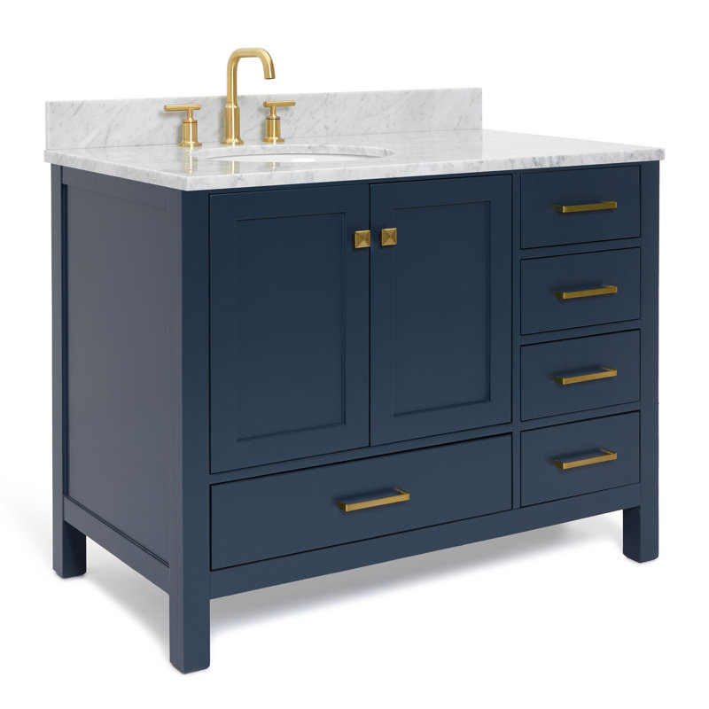Flynt 43'' Single Bathroom Vanity with Carrara Marble Top, Midnight Blue