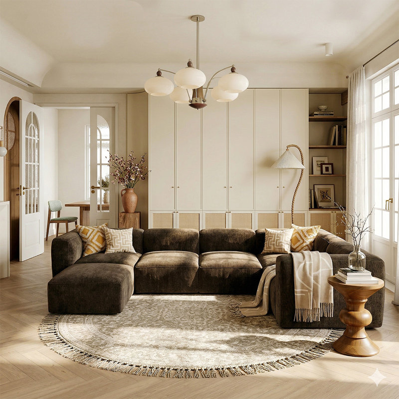 Confesor Chenille Modular L-Shaped Sectional Sofa With Ottoman, Chocolate Chenille