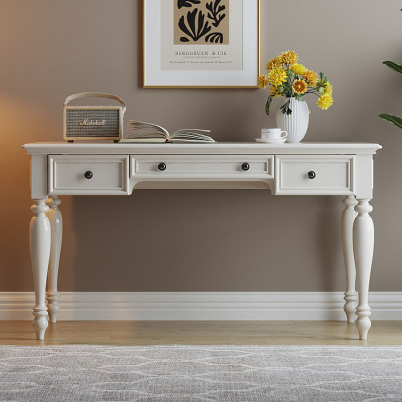 Bureau rectangulaire blanc en bois massif avec 2 tiroirs