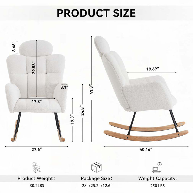 Chaise berçante rembourrée en tissu Teddy, Ivoire ivoire