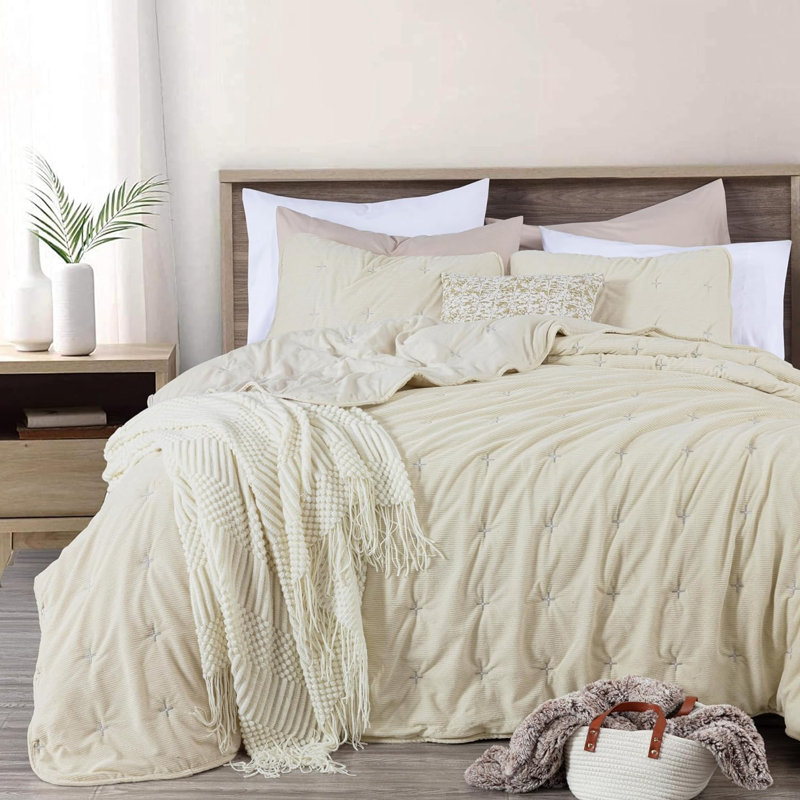  Corduroy Polyester Cross Stitch Comforter Set, Beige, King Comforter + 2 King Shams