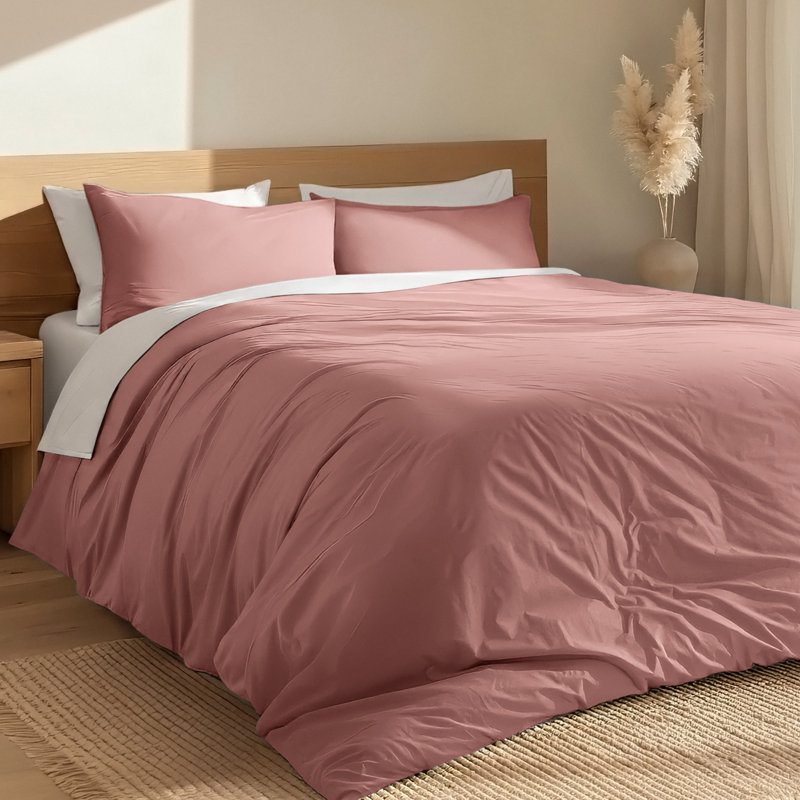 Modern & Contemporary Organic Cotton Machine Woven Duvet Cover, Dusty Rose, King Duvet Cover + 2 King Shams