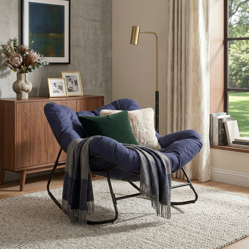 Chaise berçante d'extérieur surdimensionnée turquoise Papasan, chaise d'extérieur en acier thermolaqué, Marine, Noir