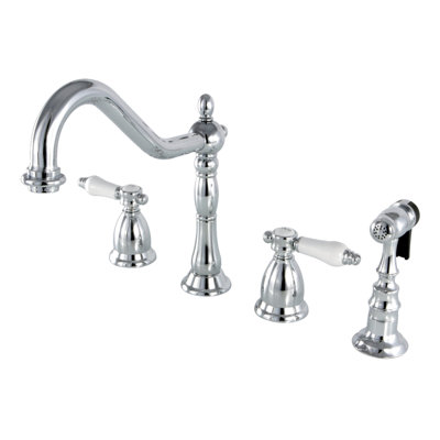 Kingston Brass Bel-Air Double-Handle 4-Hole Widespread Kitchen Faucet with Brass Sprayer