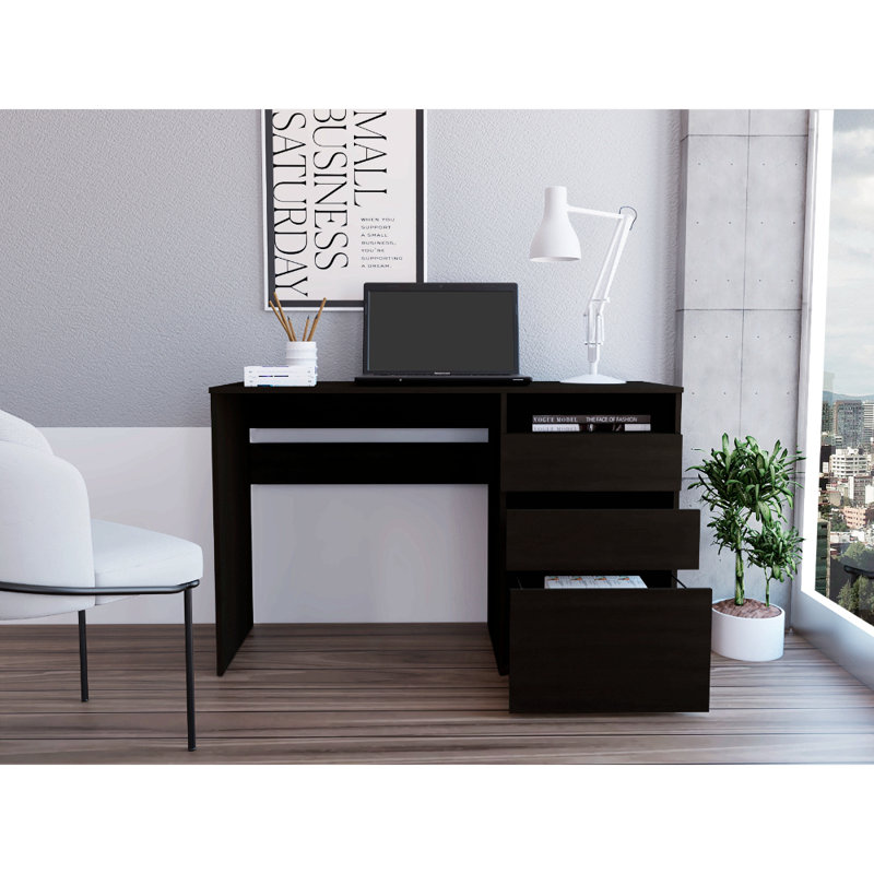 Bureau d'ordinateur 3 tiroirs, une tablette, Noir