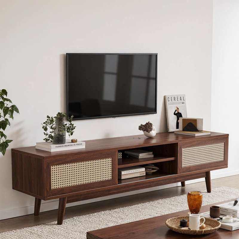 65" Mid-Century Modern Rattan TV Stand for TVs up to 75", Walnut Boho Media Console with Metal Legs, Cord Management, 2 Cabinets & Open Shelf, 150 lbs Capacity