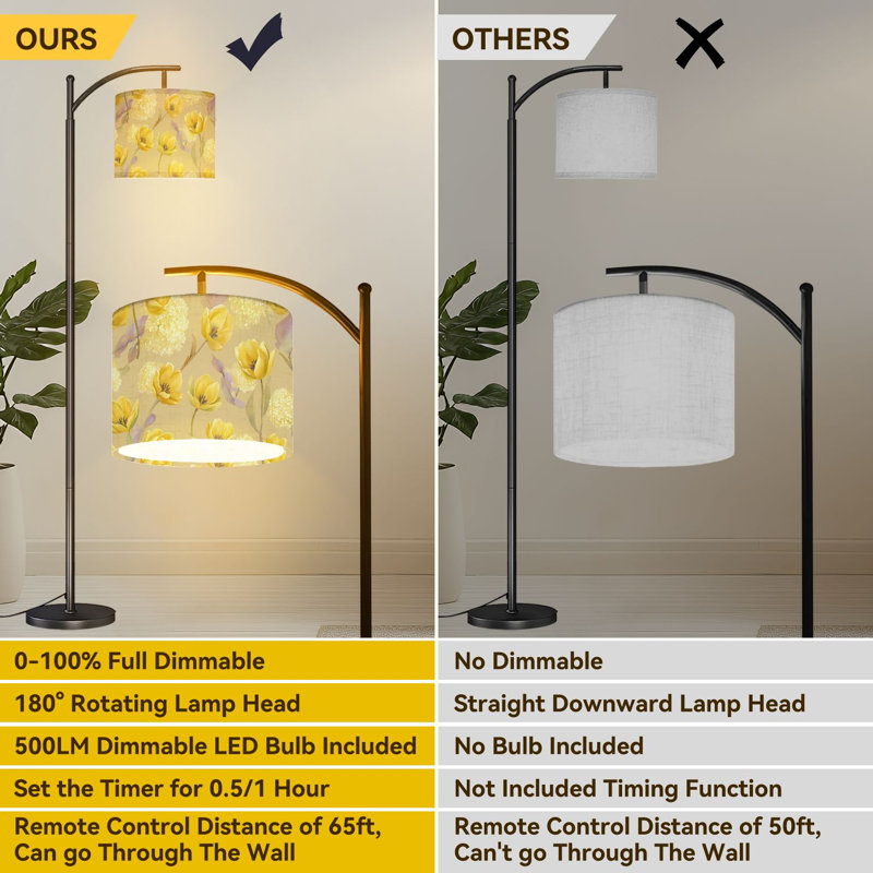 Arc Floor Lamp tulips lilac watercolor yellow beige seamless for fabrics paper Floor Lamps with Remote LED Lights Adjustable Lamp Shades Tall Standing Lamps for Reading Office Living Room