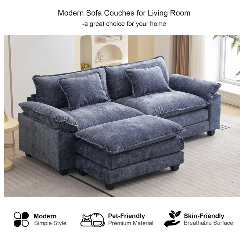 Dyemond 85.8" Modern Sectional Couch Sofas for Living Room, Loveseat Couches with Ottoman, Blue Chenille
