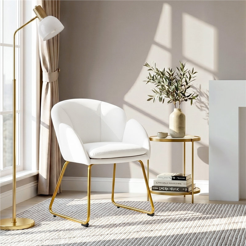 Flower Shape Tub Chair with Golden Metal Legs , PU leather/White