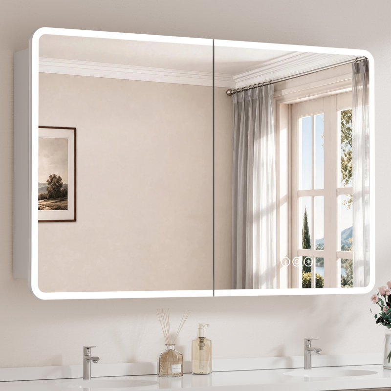 Armoire à pharmacie encastrée / à fixation en saillie à cadre arrondi avec cadre en aluminium argenté l 48 po x H 32 po Cynethia