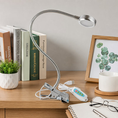 Silver Clamp-Mount Night Reading Lamp | USB-Powered LED Design Combines a Flexible Gooseneck, Sturdy C-Clamp, 3 Selectable Color Modes and Dimming for Desk Use