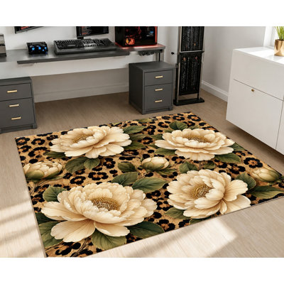 Grand tapis lavable à la machine avec envers antidérapant, motif floral et léopard vintage, décoration intérieure confortable pour salon, chambre, entrée, cuisine, appartement