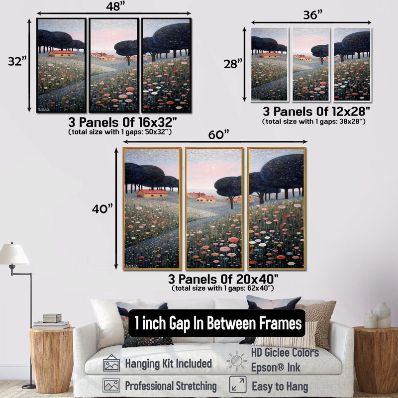 «Blooming Wildflowers In Countryside Town», ensemble d'art mural prairie, Cadre flottant brun, H 40 po x l 60 po x P 1 po