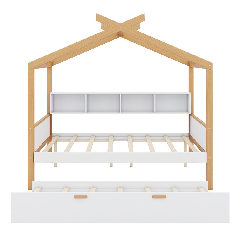 Lit de maison en bois avec lit gigogne à cadre en bois original et bibliothèque pour enfants ou chambre d'amis