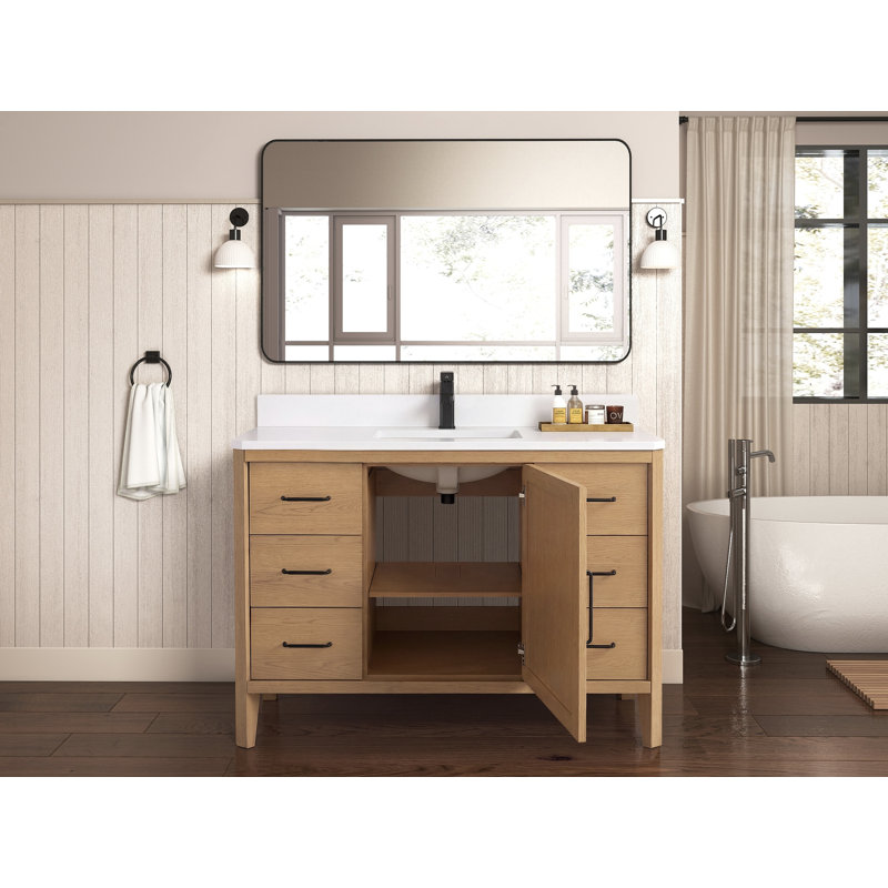 Meuble-lavabo autoportant Tennant Brand de style moderne du milieu du siècle, 48 pouces, couleur chêne brun chaud, lavabo simple, comptoir en quartz blanc, entièrement assemblé