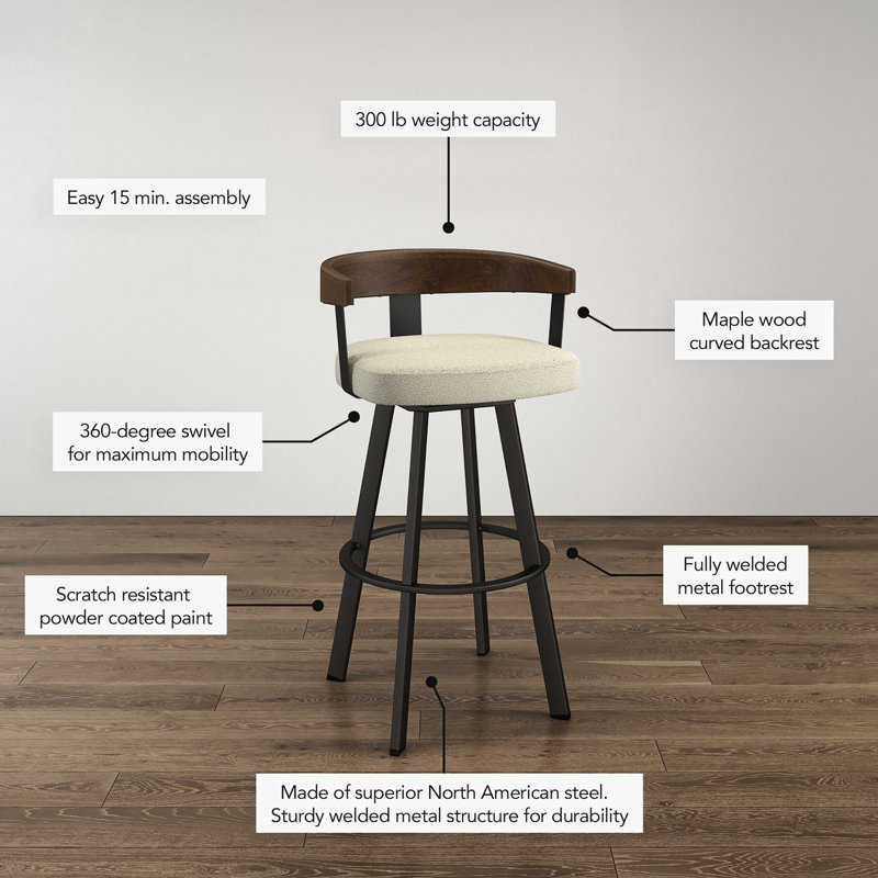 Tabouret de bar et de comptoir pivotant avec dossier en bois Drees, Noir, noir, noir, noir, Polyester bouclé crème