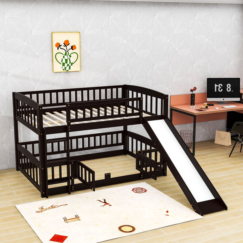 Wood Bunk Bed With Slide And Guardrails, Full over Full, Espresso