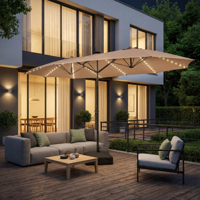 Grand parasol de terrasse double face 15 pi avec base, parasol extérieur résistant à la décoloration avec nervures en fibre de verre, panneau solaire, lumières DEL et charge USB, parasol de marché rectangulaire avec manivelle en aluminium pour piscine, barbecue, cour arrière, beige