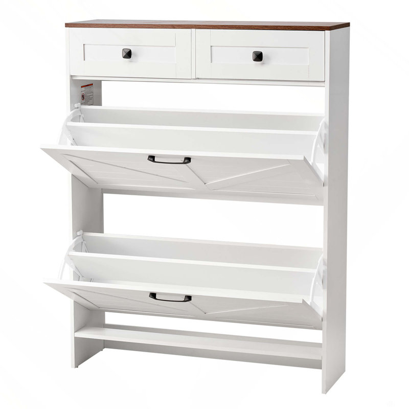 Shoe Cabinet with 2 Flip Drawers, Farmhouse Shoes Storage Cabinet with 2 Drawers and Anti-Tipping Device, Freestanding Shoe Organizer Ideal for Entryway, Hallway, Bedroom, Living Room, White