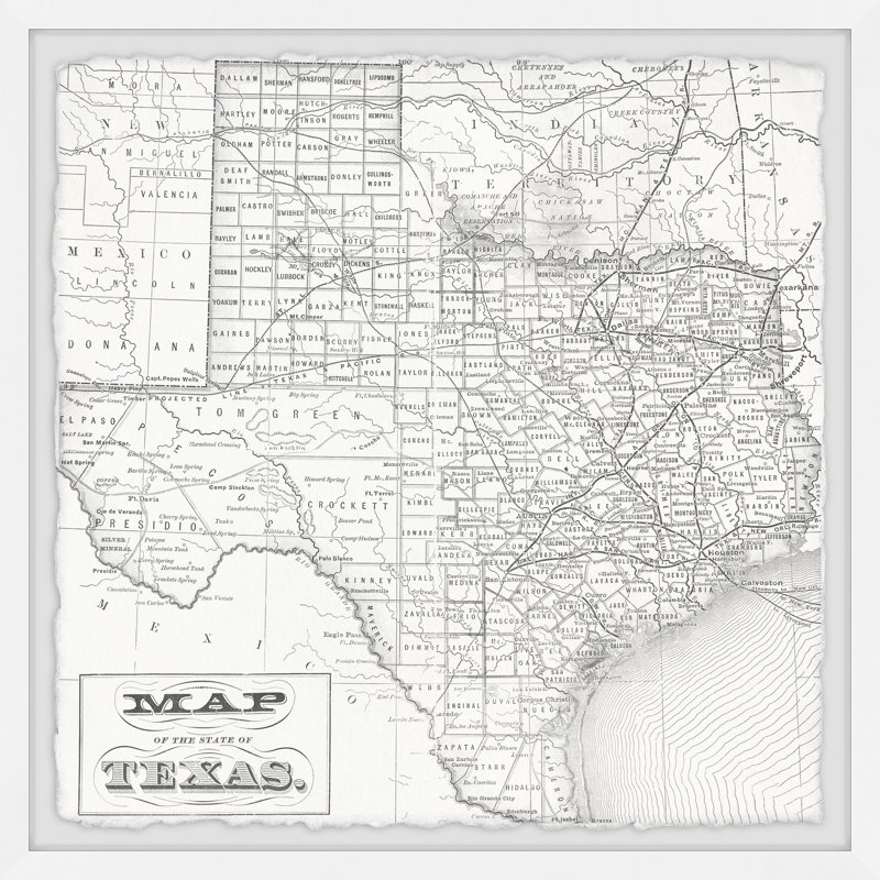 «Vintage Map of the State of Texas» - Reproduction encadrée sur papier, H 18 po x l 18 po x P 1,5 po