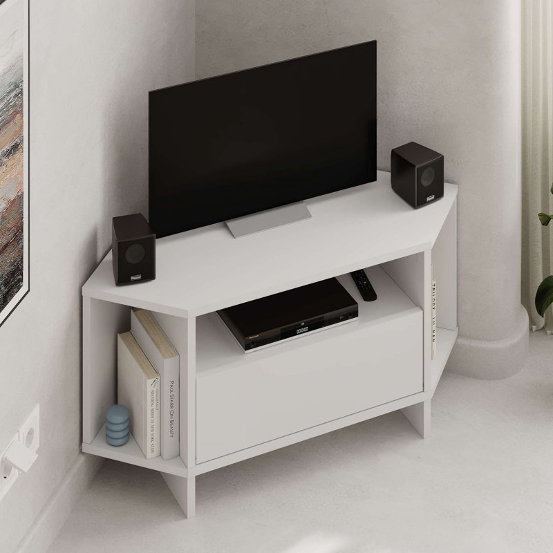 Meuble télé moderne blanc de 37,8 po x 17,7 po x 13,9 po | 100% panneau de particules enduit de mélamine, épaisseur: 0,7 pouce | Pieds en bois robustes, capacité de 22 lb | Conception élégante pour le salon et les espaces de divertissement, assemblage facile