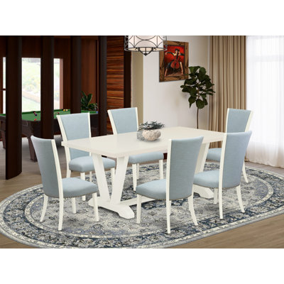 5 Piece Dining Table Set for 4 Includes a Linen White Rectangle Kitchen Table with V-Legs and 4 Baby Blue Linen Fabric Parson Dining Chairs, Wire Brushed Linen White