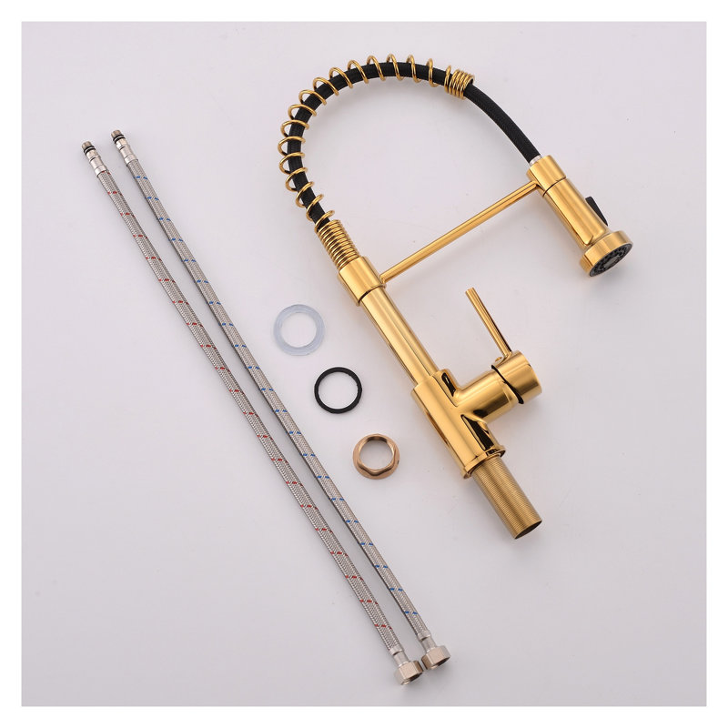 Commercial Black and Gold Kitchen Faucet with Pull-Down Sprayer, Single Handle Brass Sink Faucet